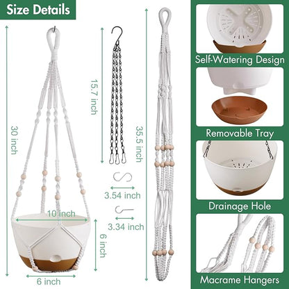Set of 2-10 Inch Hanging Planters for Indoor Plants with Self-Watering Includes Hanging Pots for Plants, Outdoor Hanging Plant Pot with Drainage, and 2 Types of Hanging Baskets Hangers (White, 10inch)