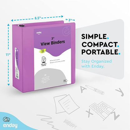 Enday 3 Inch Binder 3 Ring Binders Purple, Slant D-Ring 3” Clear View Cover with 2 Inside Pockets, Heavy Duty Colored School Supplies Office and Home Binders