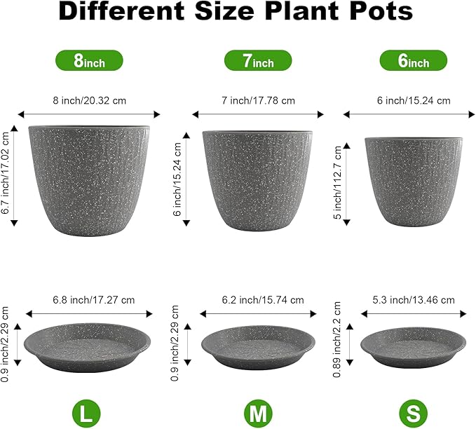 8/7/6 inch Plant Pots, 3 Pack Flower Pots for Outdoor Indoor Garden Plants, Large Planters with Multi Mesh Drainage Holes and Saucer (Speckled Grey, 8"+7"+6")