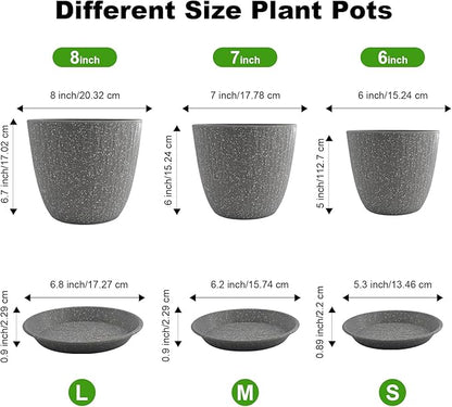 8/7/6 inch Plant Pots, 3 Pack Flower Pots for Outdoor Indoor Garden Plants, Large Planters with Multi Mesh Drainage Holes and Saucer (Speckled Grey, 8"+7"+6")