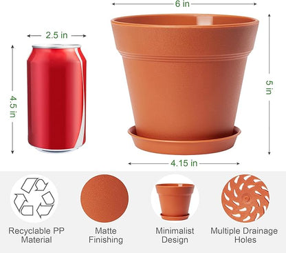 10 Pack Plastic Plant Pots with Drainage Holes and Tray, 6 inch Thickened Indoor Planters Seedlings Nursery Pots for Flowers, African Violet, Succulent and All House Plants, Terracotta