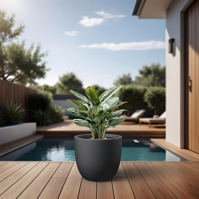 Kante Round Concrete Planter, Large Outdoor Indoor Garden Pots with Drainage Hole, 14-Inch Diameter Flower Pots for Patio, Garden and Home, Black