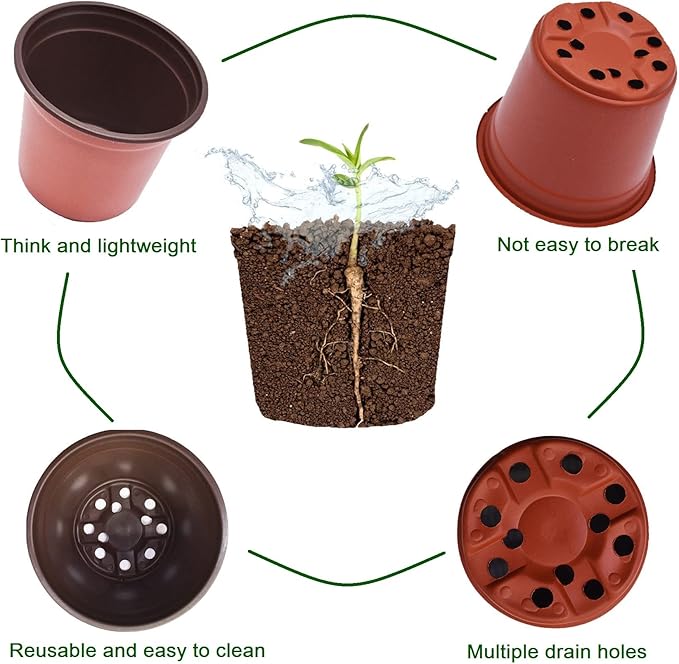 100Pcs Nursery Seedlings Pots - 5 Inches Plastic Planting Flowerpots Gardening Pot Cups Seed Starting Flower Containers for Succulents, Brick Red