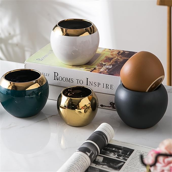 Orange Gold Spherical Ceramic Plant Pots Succulent Small Plant Pot Indoor Modern Decorative Indoor-Outdoor Garden Plant Pots with Drainage Holes - Plants Not Included 3.94 x 3.94 x 3.15 Inch