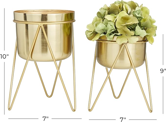 CosmoLiving by Cosmopolitan Metal Indoor Outdoor Planter Small Planter Pot with Removable Stand, Set of 2 Planters 7", 7"W, Gold