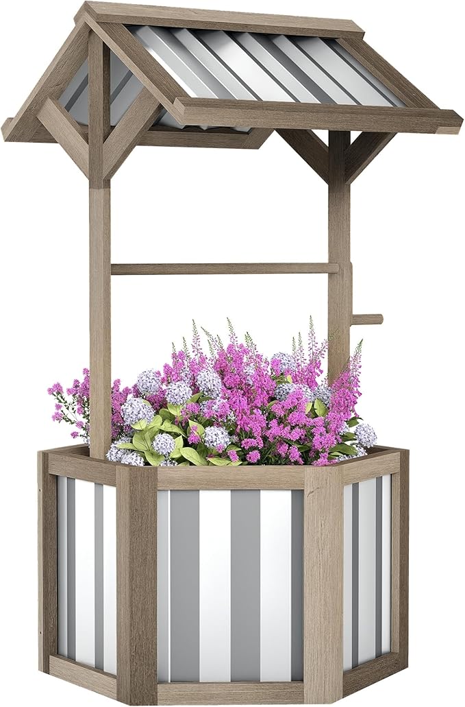 Outsunny Wooden Wishing Well Planter, Raised Garden Bed with Galvanized Canopy, Hexagon Outdoor Planter Box for Flowers, Herbs and Vegetables, Light Gray