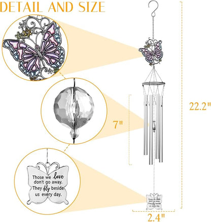 Outdoors Butterfly Wind Chimes Sympathy Memorial for Loss of Loved One - Soothing Melodic Tones Aluminum Chime Great as a Gift for Your Patio Porch Garden and Backyard (22.2" Silvery)