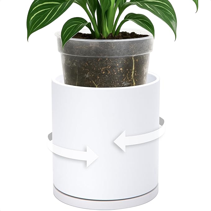 D'vine Dev Double-Layer Planter Set – Rotating Plastic Cachepot with Clear Inner Liner for Root Health, Perfect for Indoor Plants, 6.5", White, 73-U-A-2