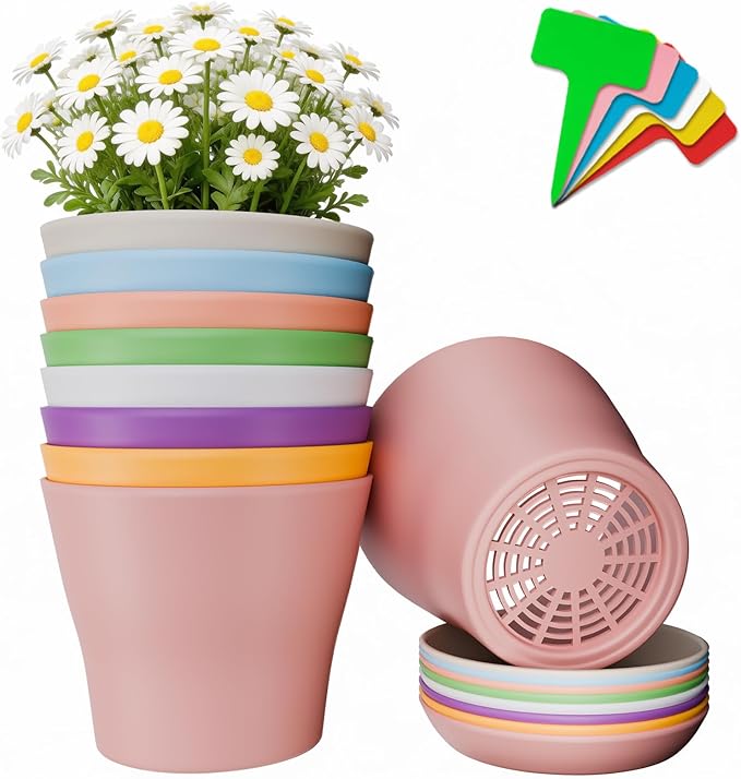 24-Pack 4-Inch Plastic Plant Pots with Saucers, Colorful Seed Starter Nursery Pots with Drainage Holes, Thick Small Planters for Indoor and Outdoor Flowers, Succulents, and Seedlings (8 Colors)