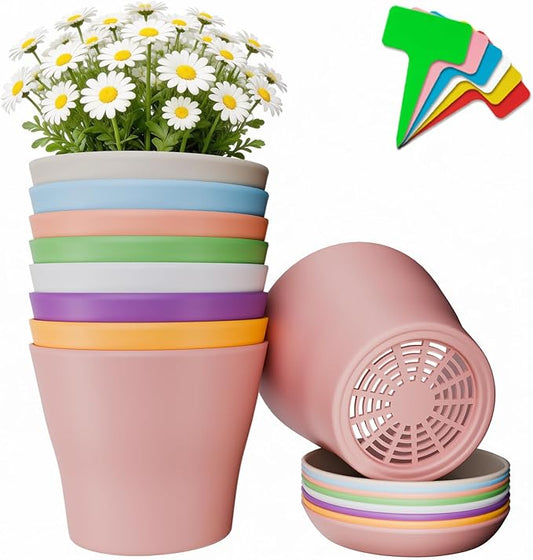 24-Pack 4-Inch Plastic Plant Pots with Saucers, Colorful Seed Starter Nursery Pots with Drainage Holes, Thick Small Planters for Indoor and Outdoor Flowers, Succulents, and Seedlings (8 Colors)