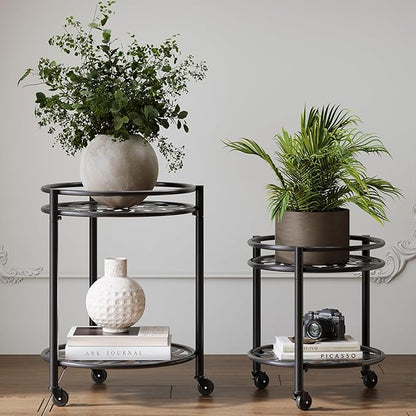 2 Tier Rolling Plant Stand with Wheels, Mid Century Modern Metal Stand for Planters, 2 Sizes 9 Inch & 11 Inch, Indoor Outdoor Movable Flower Pot Holder for Decor Home Garden Patio Load Bearing 165 LB 2 Pack Black
