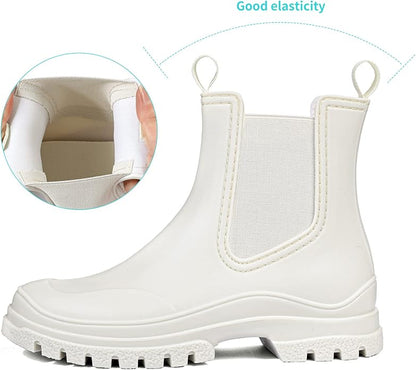 DKSUKO Rain Boots Women Waterproof Chelsea Boots Ankle Garden Shoes for Ladies Rubber Short Rainboots with Removable Comfort Insole for Outdoor Work Deck Mud Boots