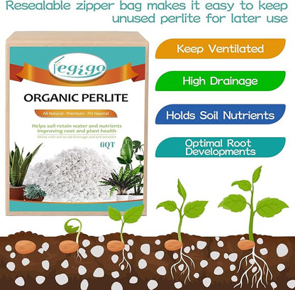 Legigo 6 Quarts Organic Horticultural Perlite for Plants Indoor- Natural Horticultural Soil Additive Conditioner Mix for Improves Drainage, Ventilation and Root Growth