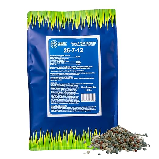 Supply Solutions 25-7-12 Lawn and Turf Fertilizer - 15% Slow Release Nitrogen Lawn Fertilizer for All Grass Types, Shrubs - Turf Builder Plant Food Covers 2,500 sq.ft (10lbs)