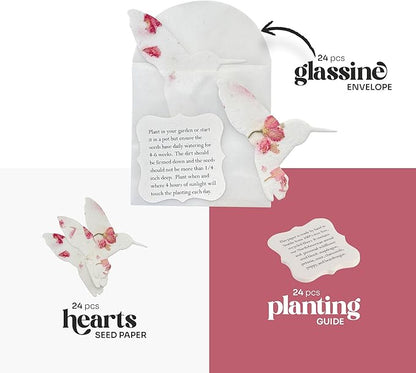Set of 24 Pink Hummingbird Seed Paper – Writable & Plantable Wildflower with Envelopes & Planting Guides, Gift for Plant Lover, Use for Funeral, Memorial, & Celebration of Life