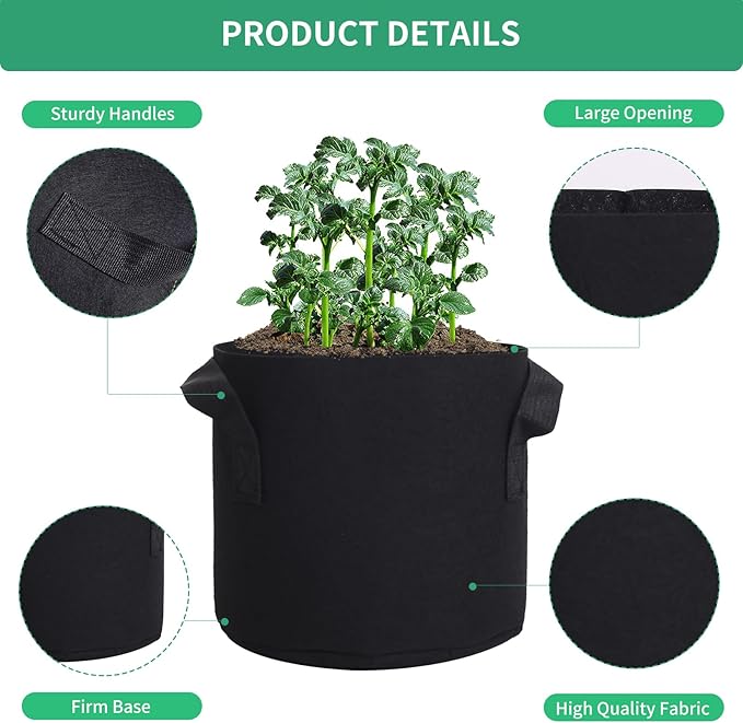 10 Gallon Fabric Grow Bags, Black Nonwoven Plant Pots with Handles, 15.7x11.8 Inches, 5 Pack