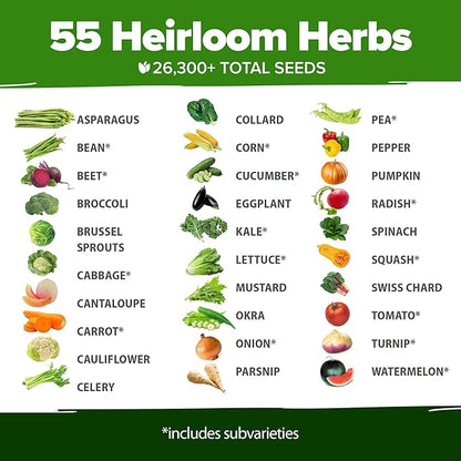 HOME GROWN 70 Variety Vegetable & Herb Seeds 32,000+ USA Non-GMO Heirloom Survival Seeds Garden Kit for Spring, Fall, Winter Indoor & Outdoor Planting Starter Set for Home Gardeners & Preppers