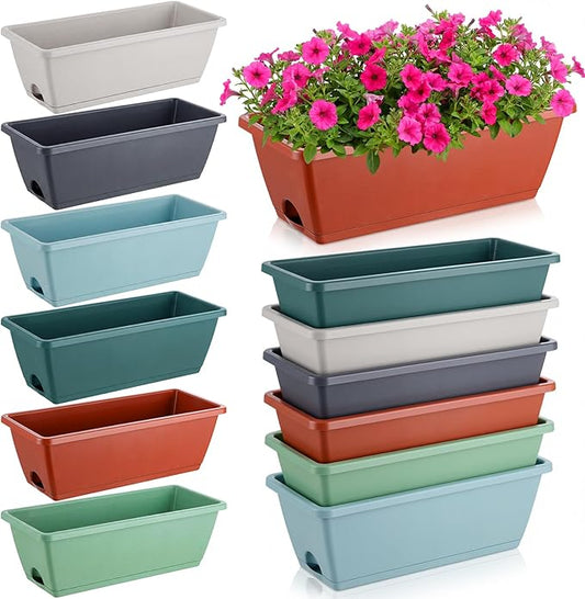 12 Pack Window Box Planter 17 Inches Rectangular Vegetable Flower Planters with Drainage Holes and Saucers Plastic Flower Pots Coloful Herb Planter for Indoor Outdoor Patio Garden Home Decor
