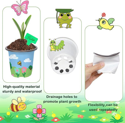Aweyka Garden Plastic Pot Craft Kit 32 Nursery Pots with 32 Stickers 32 Plant Labels 4 Painting Tools and 1 Ribbon for Flower Plant Spring Graduation DIY Crafts Painting Gardening Growing Tools