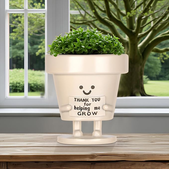 Funny Smiley Face Planter Pots with Drainage - Unique Cute Resin Flower Pot for Indoor Outdoor Plants Succulents Cactus Teacher Appreciation Gifts