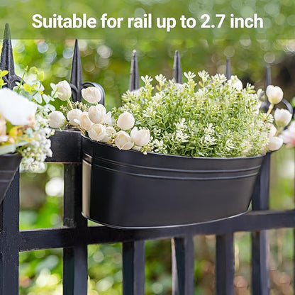 Dahey 5 Pcs Metal Iron Hanging Flower Pots for Railing Fence 15.7 Inch Hanging Bucket Pots Countryside Style Window Flower Plant Holder with Detachable Hooks for Garden Yard Home Decor, Black