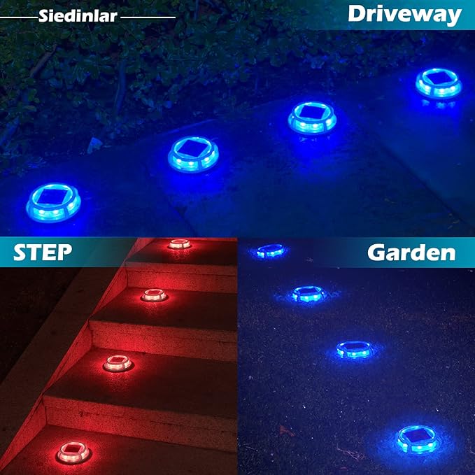 SIEDiNLAR Solar Deck Lights Outdoor 2 Modes 16 LEDs Dock Light Driveway Markers Solar Powered Waterproof for Ground Pathway Step Walkway Stair Garden Yard Road 16 Pack (Blue/Red)