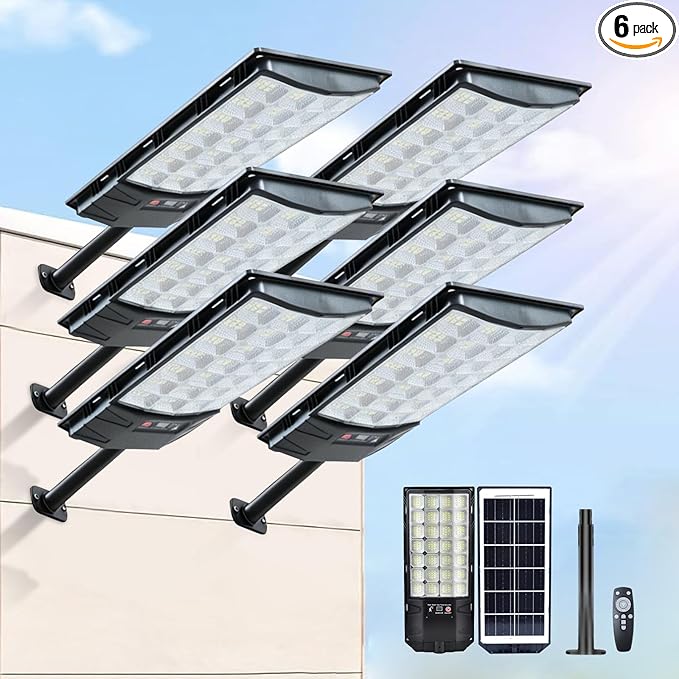 Solar Street Lights Outdoor, 6-Pack 45000LM, Dusk to Dawn Motion Sensor Light with Remote, 7500K LED Solar Flood Light, IP67 Waterproof Wall Mount Security Light for Yard, Garage, Driveway
