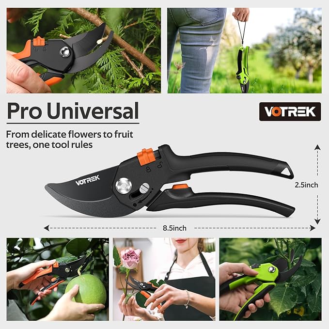 VOTREK® Pruning Shears for Gardening, [Patented Stepless Handle Opening] - Plant Scissors with Ultra-Sharp SK5 Steel for Weak Hand, Universal Fit for All Hand Sizes, Effortlessly Cuts 1-Inch Branches