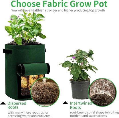 JJGoo 4 Pack Potato Grow Bags 10 Gallon with Flap, Heavy Duty Fabric with Handle and Harvest Window, Non-Woven Planter Pot Plant Garden Bags to Grow Vegetables Tomato, Blackish Green