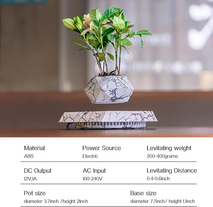 Levitation Air Bonsai Magnetic Levitating Mini Rotating Flower Planter, Suspension Floating Succulents Pot for Sky-Garden, Home, Living Room, Office Desk Decor (Marble Color)