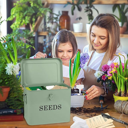 Seed Storage Organizer, T-Shape Compartment Seed Box with Safety Lock, Metal Seed Saving Box, Portable Seed Bin Container with Handle, Including 2 Pens 20 Plant Labels 50 Seed Envelopes-Green