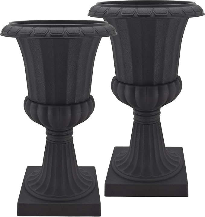 Arcadia Garden Products Plastic Garden Pedestal Urn, Set of 2 Classic Decorative Garden Pot Planter for Indoor and Outdoor Plants, 10” x 17”, Black