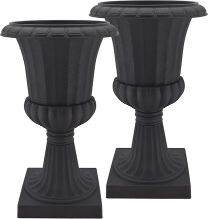 Arcadia Garden Products Plastic Garden Pedestal Urn, Set of 2 Classic Decorative Garden Pot Planter for Indoor and Outdoor Plants, 10” x 17”, Black