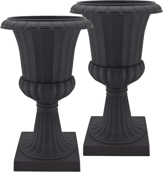 Arcadia Garden Products Plastic Garden Pedestal Urn, Set of 2 Classic Decorative Garden Pot Planter for Indoor and Outdoor Plants, 10” x 17”, Black