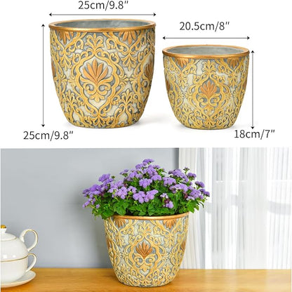Sungmor Large Heavy Duty Cement Planters, Beautiful Embossed Concrete Garden Pots, 8" & 10" Set of 2 Plant Pots with Drainage Hole, Home Garden Decorative Flower Pots for Indoor Outdoor Plants Floral