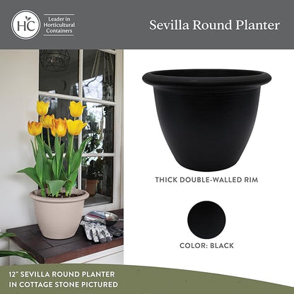The HC Companies Sevilla Flower Planters - Outdoor & Indoor Planter - Round Self Watering Plant Pots for Herbs & More (14”, Black, Pack of 2)