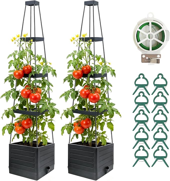 2 Pack Raised Garden Bed Planter Box with Trellis, 57" Self-Watering Tomato Planter with Trellis, Tomato Cage Plant Support for Climbing Plants Vegetable Vine Flowers Patio Outdoor Indoor