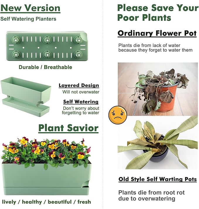 4 Pack Self Watering Pots for Indoor Plants 17 Inches Window Boxes Planters Rectangular Flower Pots Rectangle Herb Pots Large Plant Pots with Drainage Holes and Saucers Windowsill Planter, Green
