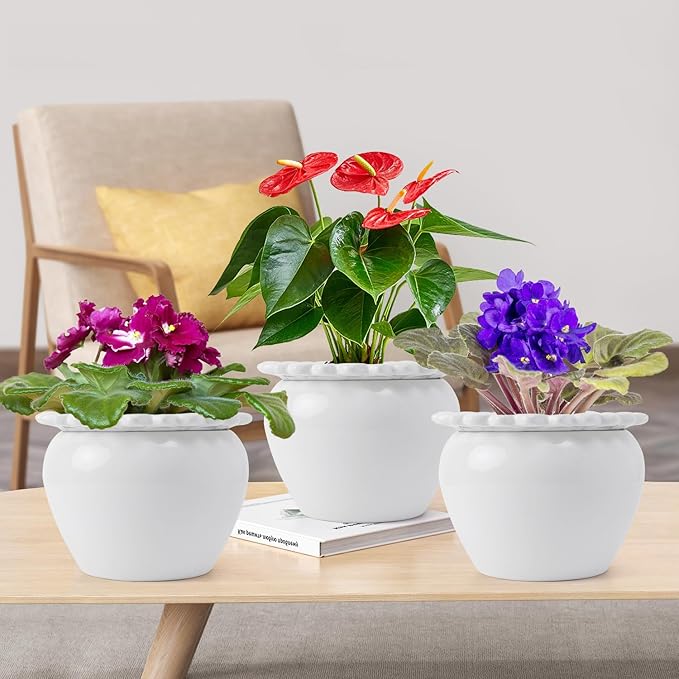 2pcs 6.5 * 4.6 * 4 inch White African Violet Flower Pot Ceramic Self Watering Flower Pot Simple Plant Self Watering Pot Indoor Flowers High Absorption Herbaceous Flower Pot