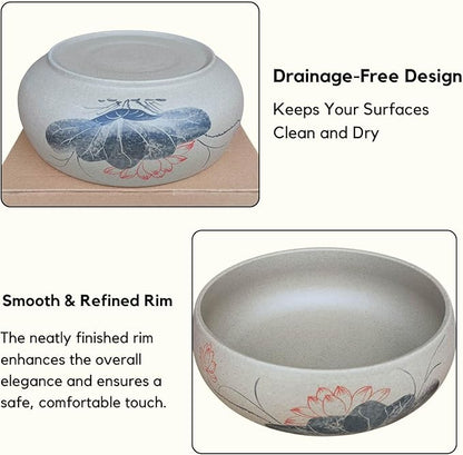 Lotus Bowl Planter, Ceramic Water Lily Bowl, Hydroponic Bonsai Lotus Bowls for Water Plants Indoor, Succulent Pots, Leak-Proof Design, LotusLeaf Pattern (7.56in*2.76in)