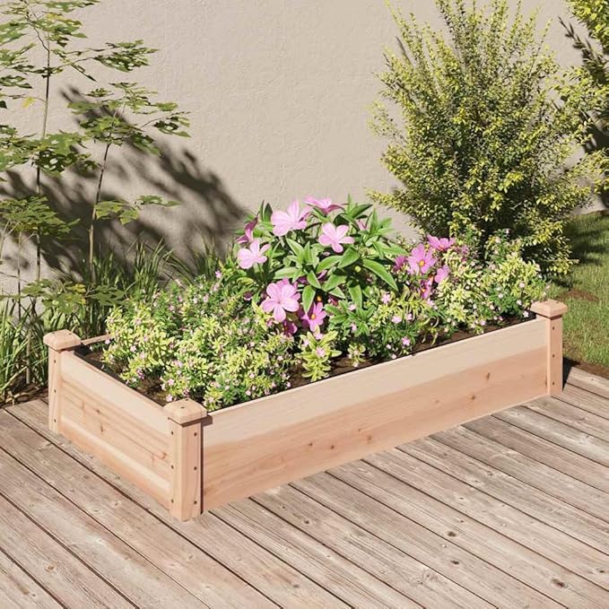vidaXL Solid Fir Wood Garden Raised Bed with Liner - Outdoor Rectangular Planter Pot, Brown Natural, 47.2"x23.6"x9.8", Open Bottom for Drainage