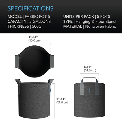 AC Infinity Heavy Duty Fabric Pots, 5 Gallon Aeration Reusable Grow Bags 5-Pack with 500G Thick Nonwoven Fabric and Multi-Purpose Rings, for Low Stress Plant Training Fruits, Vegetables, and Flowers
