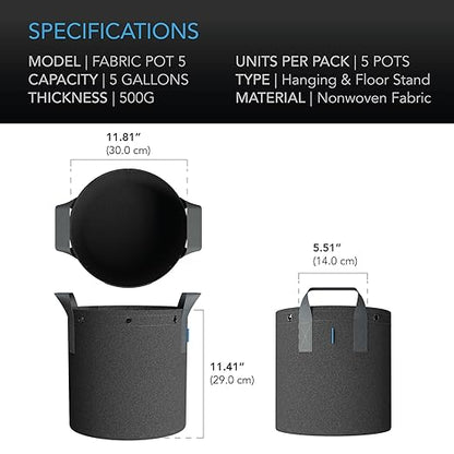 AC Infinity 5-Gallon Fabric Pots & Self-Watering Bases Bundle – 5 Grow Bags with 4 Auto-Irrigation Saucers for Indoor Tents, Greenhouses, Outdoor Gardens, Fruits & Vegetables