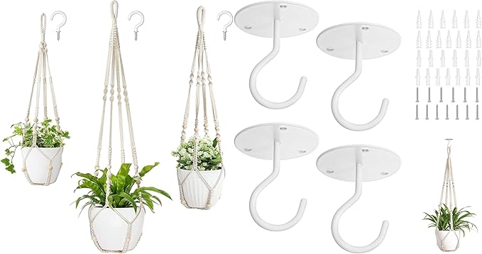 Mkono 3 Pack Macrame Plant Hangers and 4 Pack Ceiling Hooks, Indoor Different Size Hanging Planter Basket Flower Pot Holder