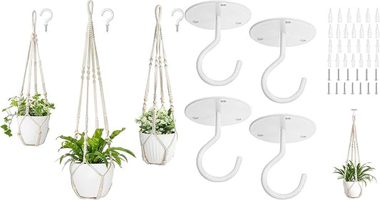 Mkono 3 Pack Macrame Plant Hangers and 4 Pack Ceiling Hooks, Indoor Different Size Hanging Planter Basket Flower Pot Holder
