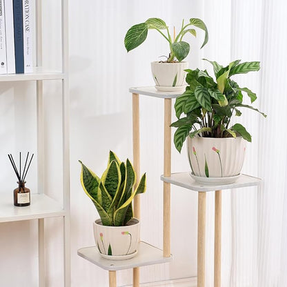 4/5/6 Inches Ceramic Plant Pots with Drainage Holes and Saucers, Round Flower Pots for Indoor Plant, Small Flower Planters Set of 3 (White Floral-Big Size)