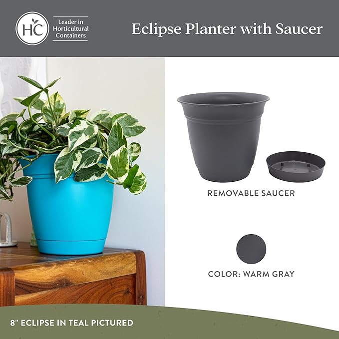 The HC Companies 8 Inch Eclipse Round Planter Pots with Drainage Holes & Attached Saucer, Lightweight UV-Resistant Plastic Indoor Outdoor Planters, 4-Pack Flower Pots for Garden Home Decor, Warm Gray