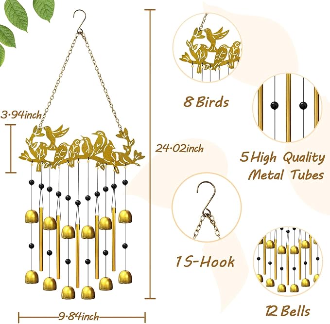 Bird Wind Chimes for Outside, Christmas Hummingbird On Branch Metal Windchimes Indoors Window Hanging Garden Patio Yard Porch Home Decor Soothing Tones Memorial Birthday Festival Gifts for Women, Mom