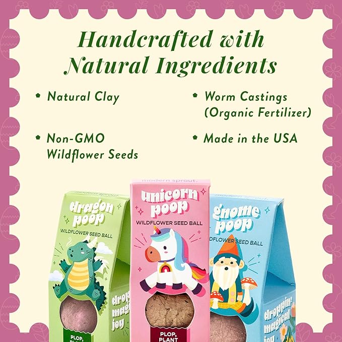 Modern Sprout Wildflower Seed Ball Poop - Non-GMO, Hand-Rolled Clay Seed Bombs with Wildflower Seeds - Plop Plant & Grow Gardening Gift Set for Kids & Adults - (Magical Plop - Pack of 3)