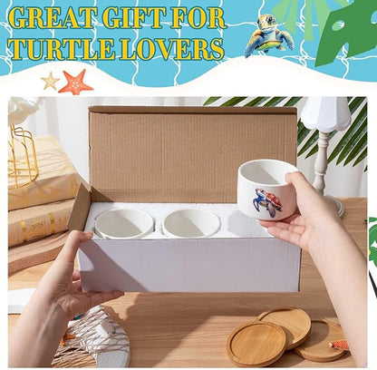 3 Pcs Decor Gift for Women Planter Ceramic Gift Animal Plant Pot with Bamboo Tray for Office Home Farm House Bathroom Kitchen Christmas Decorations (No Plants Included)(Sea Turtle)